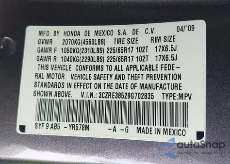 2009 Honda Cr-V Ex z USA, uszkodzony, nr VIN 3CZRE38529G702835